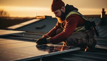 técnico instalando solar painéis em telhado cobertura foto