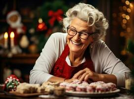 idosos mulher preparando Natal biscoitos foto