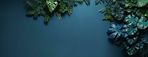 coleção do tropical folhas, folhagem plantar dentro azul cor com espaço fundo. ai gerado foto