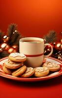 Natal ilustração com café e biscoitos em vermelho mesa foto