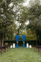 cerimônia de casamento na floresta entre as árvores na pista verde foto