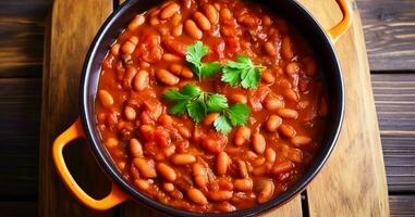 feijões dentro tomate molho, país Comida e fácil receita idéia para cardápio, Comida blog e livro de receitas, generativo ai foto