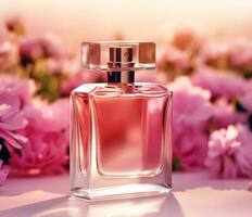 luxuoso floral aroma, fragrância garrafa e Rosa flores, perfume comercial dentro flor jardim, sob medida perfumaria e beleza produtos oferta, generativo ai foto