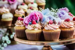 bolos de copo, bolos, scones e bolos e feriado decoração ao ar livre às a Inglês país estilo jardim, doce sobremesas para casamento, aniversário ou festa celebração, generativo ai foto