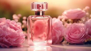 luxuoso floral aroma, fragrância garrafa e Rosa flores, perfume comercial dentro flor jardim, sob medida perfumaria e beleza produtos oferta, generativo ai foto