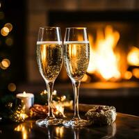 champanhe dentro frente do uma lareira em uma feriado véspera celebração, alegre Natal, feliz Novo ano e feliz feriados desejos, generativo ai foto