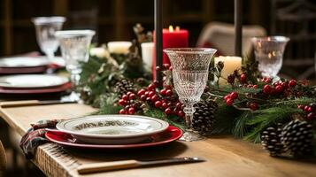 Natal mesa decoração, feriado paisagem de mesa e jantar mesa contexto, formal evento decoração para Novo ano, família celebração, Inglês país e casa estilo foto