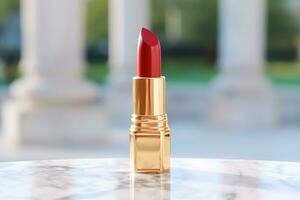 luxuoso vermelho batom dentro dourado tubo em mármore, beleza Cosmético e luxo Maquiagem produtos, generativo ai foto
