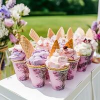 gelo creme sobremesas bufê mesa, evento Comida refeições para casamento, festa e feriado celebração, gelo cremes e flores decoração dentro uma floral campo jardim, generativo ai foto