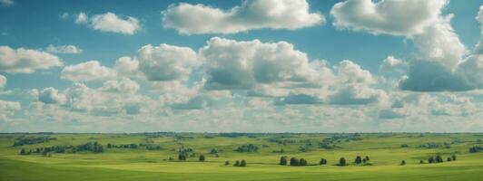 Rússia verão panorama - verde arquivados, a azul céu e branco nuvens. ai gerado foto