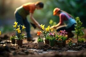 casal trabalhando dentro jardim junto, encontro flores generativo ai foto