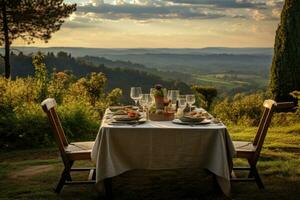 romântico jantar com Visão do montanha às pôr do sol. generativo ai foto