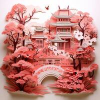 papel cortar estilo, japonês jardim com cereja flores. decoração com belas florescendo cereja árvores, sakura e japonês pagodes foto