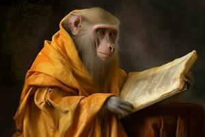 medieval macaco babuíno leitura. gerar ai foto