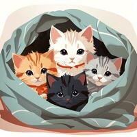 uma grupo do adorável gatinhos acariciado acima juntos dentro uma acolhedor cobertor forte ilustração arte de ai generativo foto