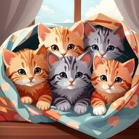 uma grupo do adorável gatinhos acariciado acima juntos dentro uma acolhedor cobertor forte ilustração arte de ai generativo foto