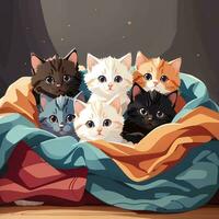 uma grupo do adorável gatinhos acariciado acima juntos dentro uma acolhedor cobertor forte ilustração arte de ai generativo foto