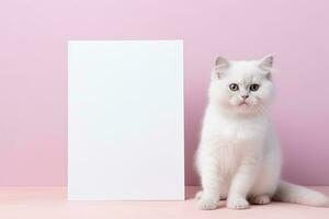 fofa branco gatinho sentado Próximo para uma em branco placa em uma Rosa fundo ai generativo foto