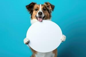 cachorro segurando volta uma em branco placa em uma azul fundo ai generativo foto
