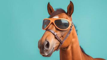 generativo ai, legal eqüino vibrações uma cavalo esportivo à moda oculos de sol em uma pastel fundo foto