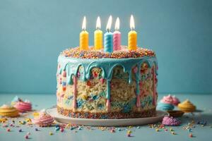 aniversário bolo decorado com colorida granulados e velas. ai gerado foto