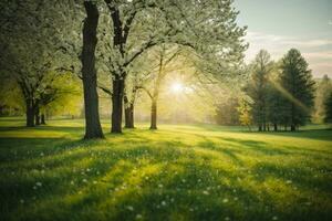 Primavera natureza. lindo panorama. verde Relva e árvores ai gerado foto