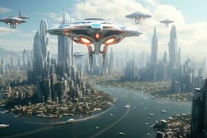 futurista cidade e UFO vôo sobre isto. 3d Renderização, crio uma futurista paisagem urbana do assunção, Onde zangões e vôo carros perfeitamente navegar a céu acima arquitetônico maravilhas, ai gerado foto