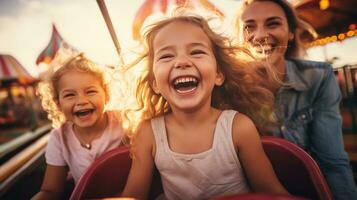 feliz família tocam em a diversão parque foto