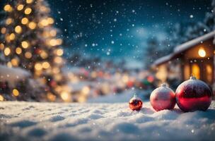 Natal inverno fundo com neve e borrado bokeh.feliz Natal e feliz Novo ano cumprimento cartão com copy-space. ai gerado foto