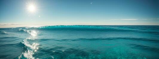 azul oceano panorama com Sol reflexão, a grande aberto mar com Claro céu, ondulação onda e calma mar com lindo luz solar. ai gerado foto