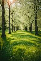 Primavera natureza. lindo panorama. verde Relva e árvores ai gerado foto