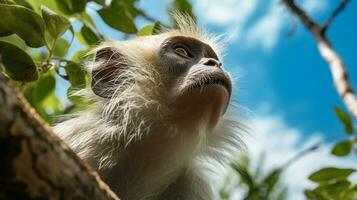 foto do macaco dentro ther floresta com azul céu. generativo ai