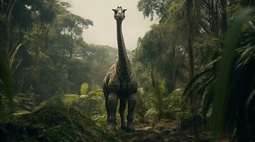 foto do braquiossauro rex dentro a selva. generativo ai