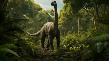 foto do brontossauro rex dentro a selva. generativo ai