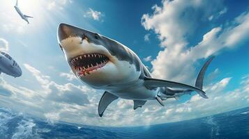 foto do uma Tubarão debaixo azul céu. generativo ai
