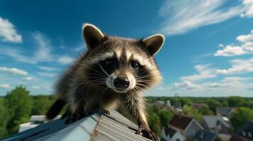 foto do uma guaxinim debaixo azul céu. generativo ai