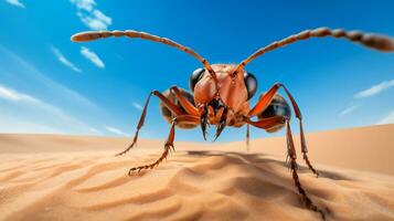 foto do uma sahara deserto formiga dentro uma deserto com azul céu. generativo ai