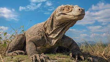 foto do uma Komodo Dragão debaixo azul céu. generativo ai