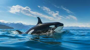 foto do uma assassino baleia debaixo azul céu. generativo ai
