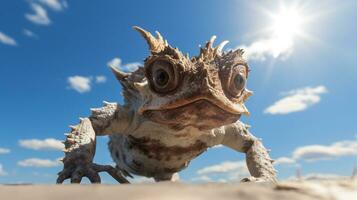 foto do uma chifrudo sapo dentro uma deserto com azul céu. generativo ai