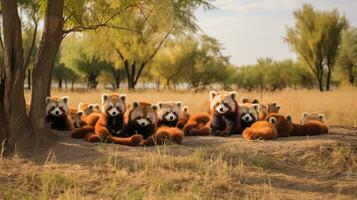 foto do uma rebanho do vermelho panda em repouso dentro a aberto área em a savana. generativo ai