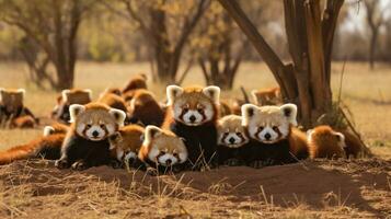 foto do uma rebanho do vermelho panda em repouso dentro a aberto área em a savana. generativo ai