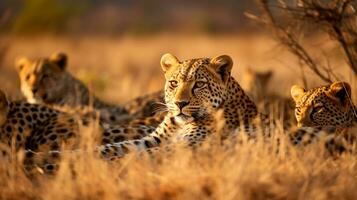 foto do uma rebanho do leopardo em repouso dentro a aberto área em a savana. generativo ai