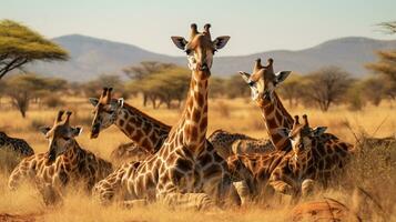 foto do uma rebanho do girafa em repouso dentro a aberto área em a savana. generativo ai