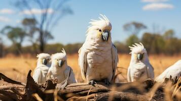 foto do uma rebanho do cacatua em repouso dentro a aberto área em a savana. generativo ai