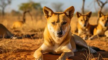 foto do uma rebanho do dingo em repouso dentro a aberto área em a savana. generativo ai