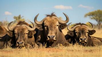 foto do uma rebanho do búfalo em repouso dentro a aberto área em a savana. generativo ai