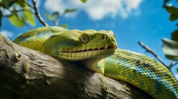 foto do uma verde árvore Pitão debaixo azul céu. generativo ai