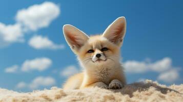 foto do uma fennec Raposa dentro uma deserto com azul céu. generativo ai