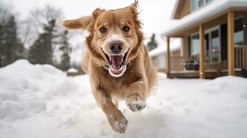 foto do uma cachorro jogando dentro a neve dentro frente do a casa. generativo ai